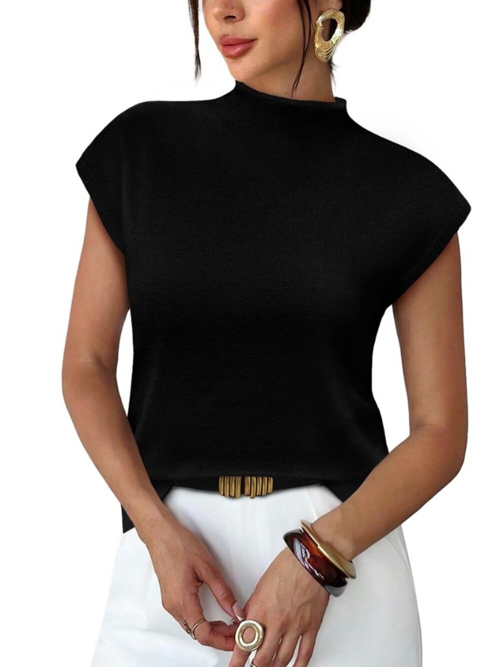 Womens Short Sleeve Sweater Mock Neck Summer Top Dressy Casual Basic Knit